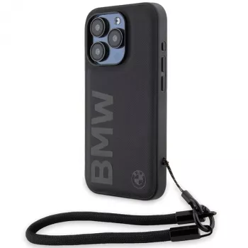 Husă rigidă BMW Signature Leather pentru iPhone 15 Pro Max 6,7 inch, neagră, cu șnur