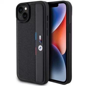 Husă rigidă BMW M Collection pentru iPhone 15 Plus / 14 Plus 6,7 inch, neagră, perforată, Tricolor Line