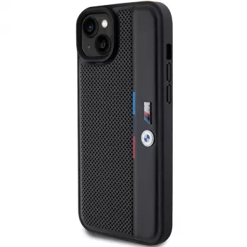 Husă rigidă BMW M Collection pentru iPhone 15 Plus / 14 Plus 6,7 inch, neagră, perforată, Tricolor Line