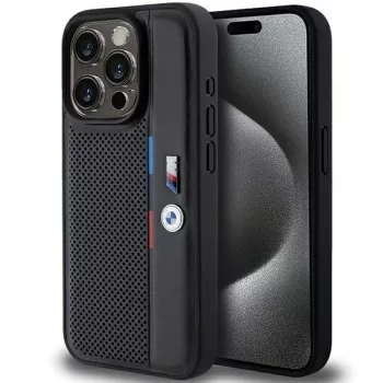 Husă rigidă BMW Perforated Tricolor Line pentru Apple iPhone 15 Pro 6,1 inch neagră