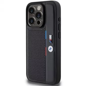 Husă rigidă BMW Perforated Tricolor Line pentru Apple iPhone 15 Pro 6,1 inch neagră