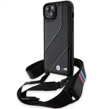 Husă rigidă BMW M Edition Carbon Stripe & Strap pentru iPhone 15 Plus / 14 Plus 6,7 inch, neagră