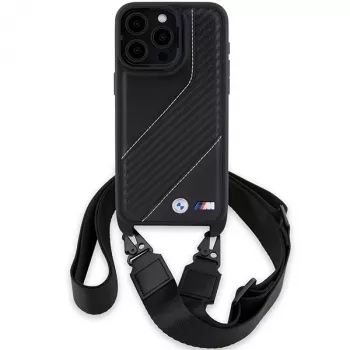 Husă rigidă BMW BMHCP15X23PSCCK pentru iPhone 15 Pro Max 6,7 inch, neagră, M Edition Carbon Stripe & Strap