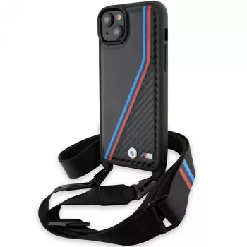 BMW BMHCP15S23PSVTK iPhone 15 / 14 / 13 negru Hardcase M Edition Carbon Tricolor Lines & Strap