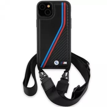BMW BMHCP15S23PSVTK iPhone 15 / 14 / 13 negru Hardcase M Edition Carbon Tricolor Lines & Strap