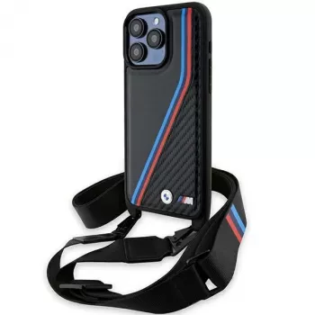 Husă rigidă BMW M Edition Carbon Tricolor Lines pentru Apple iPhone 15 Pro 6,1 inch, neagră, cu curea de transport