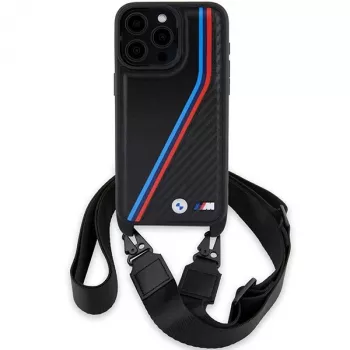 Husă rigidă BMW M Edition Carbon Tricolor Lines pentru Apple iPhone 15 Pro 6,1 inch, neagră, cu curea de transport
