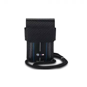 BMW Signature Collection husă portofel pentru iPhone 15 Pro Max - negru cu dungi carbon albastru