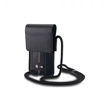BMW Signature Collection husă portofel pentru iPhone 15 Pro Max - negru cu dungi carbon albastru