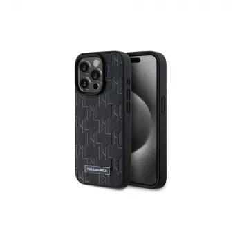 Husă rigidă Karl Lagerfeld KLHMP15LPKHPORPK pentru iPhone 15 Pro 6.1, neagră, piele Monogram Metal Logo MagSafe