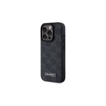 Husă rigidă Karl Lagerfeld KLHMP15LPKHPORPK pentru iPhone 15 Pro 6.1, neagră, piele Monogram Metal Logo MagSafe