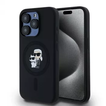 Husă rigidă Karl Lagerfeld KLHMP15LSCMKCRHK pentru iPhone 15 Pro 6.1, neagră, silicon Karl & Choupette MagSafe