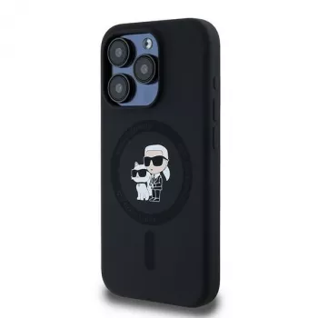 Husă rigidă Karl Lagerfeld KLHMP15LSCMKCRHK pentru iPhone 15 Pro 6.1, neagră, silicon Karl & Choupette MagSafe