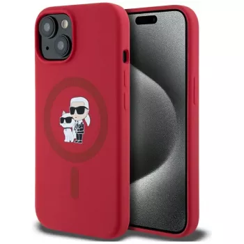Husă KARL LAGERFELD din silicon pentru iPhone 15 cu MagSafe și suport inel - Karl & Choupette Heads - roșu
