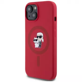 Husă KARL LAGERFELD din silicon pentru iPhone 15 cu MagSafe și suport inel - Karl & Choupette Heads - roșu