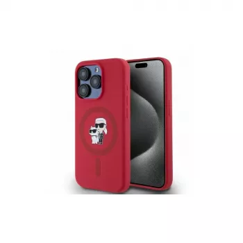 Husă rigidă Karl Lagerfeld KLHMP15LSCMKCRHR din silicon pentru iPhone 15 Pro 6.1, roșu, cu inel Karl & Choupette Heads MagSafe