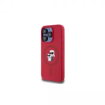 Husă rigidă Karl Lagerfeld KLHMP15LSCMKCRHR din silicon pentru iPhone 15 Pro 6.1, roșu, cu inel Karl & Choupette Heads MagSafe
