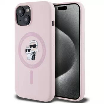 Husă MagSafe Karl Lagerfeld din silicon Karl & Choupette pentru iPhone 15, roz