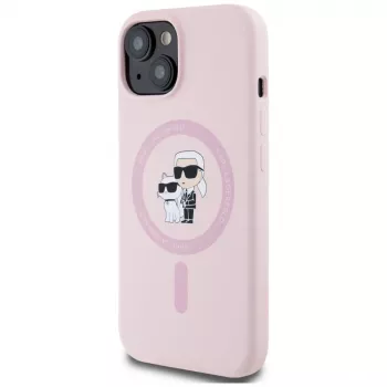 Husă MagSafe Karl Lagerfeld din silicon Karl & Choupette pentru iPhone 15 Plus, roz