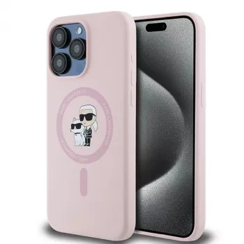Husă rigidă Karl Lagerfeld KLHMP15LSCMKCRHP din silicon pentru iPhone 15 Pro 6,1 inch, roz, Karl & Choupette MagSafe