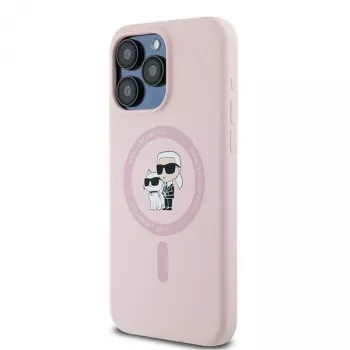 Husă rigidă Karl Lagerfeld KLHMP15LSCMKCRHP din silicon pentru iPhone 15 Pro 6,1 inch, roz, Karl & Choupette MagSafe