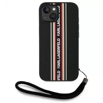 Husă KARL LAGERFELD Saffiano Athleisure Stripes Cord pentru iPhone 15, neagră-roșu