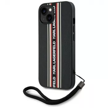 Husă KARL LAGERFELD Saffiano Athleisure Stripes Cord pentru iPhone 15, neagră-roșu