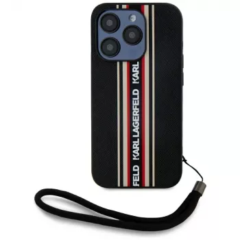 Husă KARL LAGERFELD Saffiano Athleisure Stripes Cord pentru iPhone 15 Pro, neagră/roșu