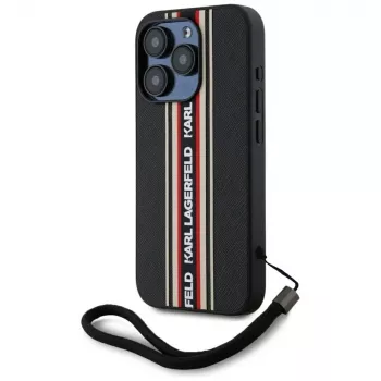 Husă KARL LAGERFELD Saffiano AthleisureStripes Cord pentru iPhone 15 Pro Max, neagră/roșu