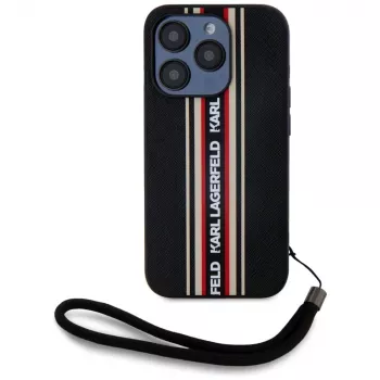 Husă KARL LAGERFELD Saffiano AthleisureStripes Cord pentru iPhone 15 Pro Max, neagră/roșu