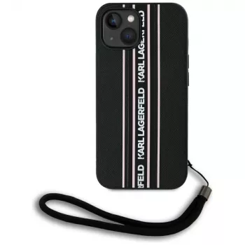 Husă Karl Lagerfeld Saffiano Athleisure Stripes Cord pentru iPhone 15, neagră-roz
