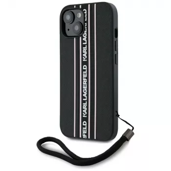 Husă Karl Lagerfeld Saffiano Athleisure Stripes Cord pentru iPhone 15, neagră-roz