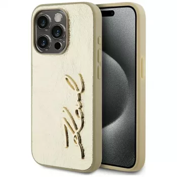 Husă KARL LAGERFELD Wrinkled Metal Signature pentru iPhone 15 Pro - auriu