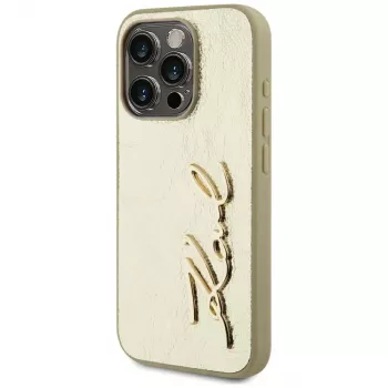 Husă KARL LAGERFELD Wrinkled Metal Signature pentru iPhone 15 Pro - auriu