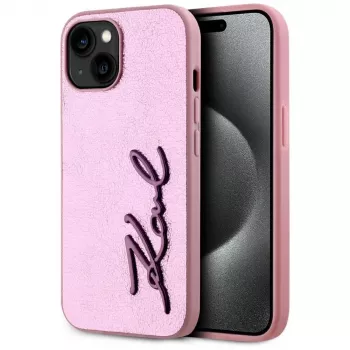 Husă spate KARL LAGERFELD Wrinkled Metal Signature pentru Apple iPhone 15, roz
