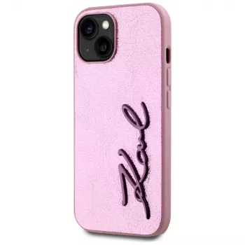 Husă spate KARL LAGERFELD Wrinkled Metal Signature pentru Apple iPhone 15, roz