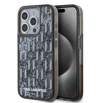 Husă spate KARL LAGERFELD Liquid GlitterMonogram Gradient pentru Apple iPhone 15 Pro, neagră