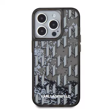 Husă spate KARL LAGERFELD Liquid GlitterMonogram Gradient pentru Apple iPhone 15 Pro, neagră