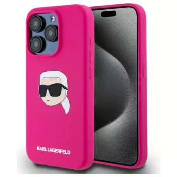 Husă rigidă Karl Lagerfeld KLHMP15XSKHPPLF din silicon pentru iPhone 15 Pro Max 6,7 inch, fucsia, cu print cap Karl MagSafe