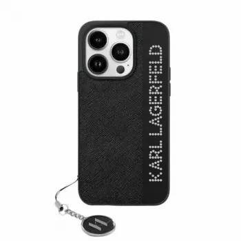 Husă rigidă Karl Lagerfeld KLHCP15SPSAKDGCK pentru iPhone 15 / 14 / 13 6.1, neagră, Saffiano Rhinestones & Charm