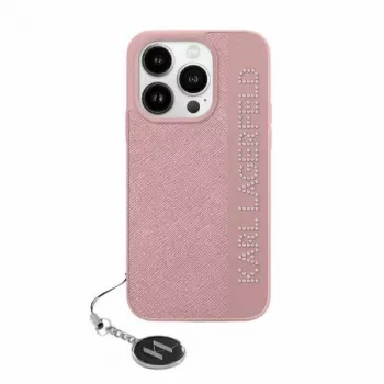 Husă rigidă Karl Lagerfeld KLHCP15SPSAKDGCP pentru iPhone 15 / 14 / 13 6.1, roz, Saffiano Rhinestones & Charm