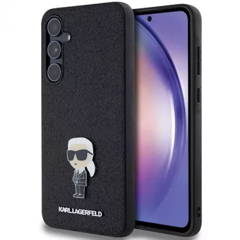 Husă rigidă KARL LAGERFELD Ikonik pentru Samsung Galaxy A55 5G, neagră cu sclipici și pin metalic