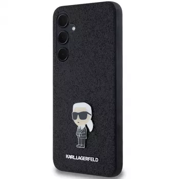 Husă rigidă KARL LAGERFELD Ikonik pentru Samsung Galaxy A55 5G, neagră cu sclipici și pin metalic