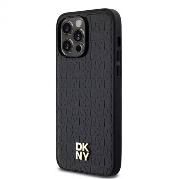 Husă rigidă DKNY DKHMP13LPSHRPSK pentru iPhone 13 Pro / 13, imitație piele neagră cu logo metalic, MagSafe