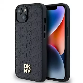 DKNY DKHMP14SPSHRPSK Hardcase piele Monogram Pattern Metal Logo MagSafe pentru iPhone 13/14/15, negru