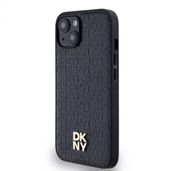 DKNY DKHMP14SPSHRPSK Hardcase piele Monogram Pattern Metal Logo MagSafe pentru iPhone 13/14/15, negru