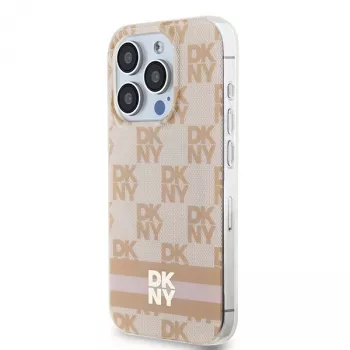 DKNY DKHMP13LHCPTSP Husă hard cu model mono în carouri și dungi imprimate, MagSafe pentru Apple iPhone 13 Pro / 13, roz