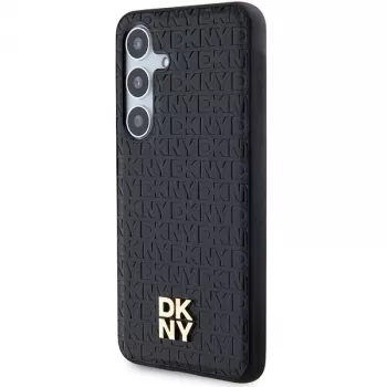 Husă rigidă DKNY DKHMS24SPSHRPSK, model din piele cu logo metalic, MagSafe, pentru Samsung Galaxy S24, neagră