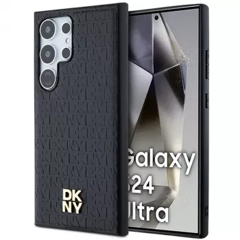 Husă rigidă DKNY DKHMS24LPSHRPSK pentru Samsung Galaxy S24 Ultra, model din piele neagră cu logo metalic, compatibilă MagSafe