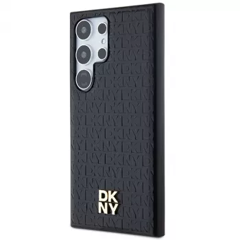 Husă rigidă DKNY DKHMS24LPSHRPSK pentru Samsung Galaxy S24 Ultra, model din piele neagră cu logo metalic, compatibilă MagSafe